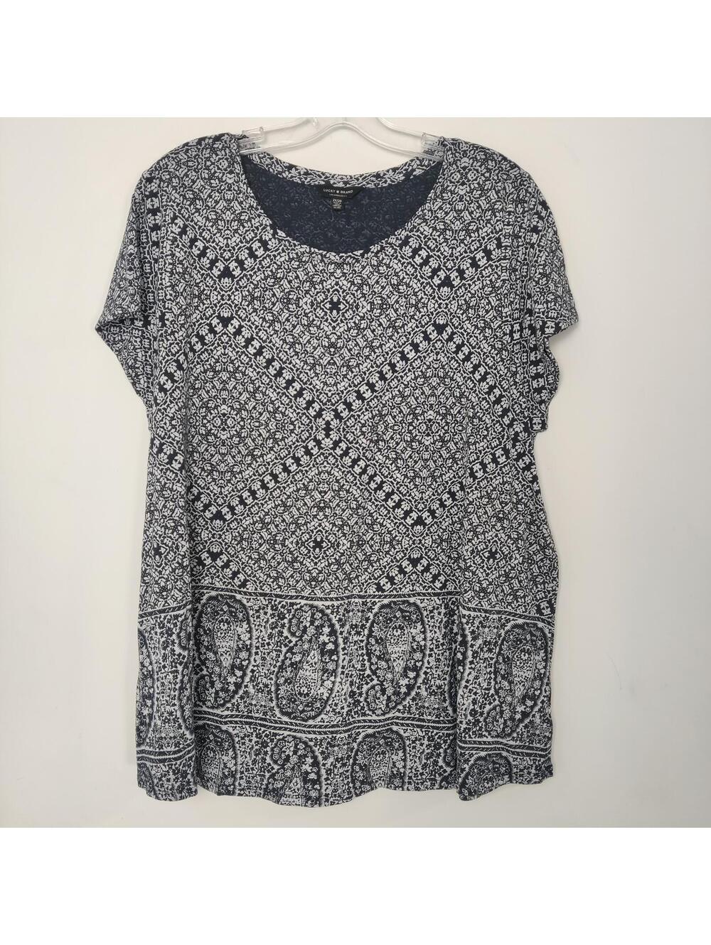 Lucky Brand Black White Paisley Print Short Sleeve Top Size 2X Bohemian